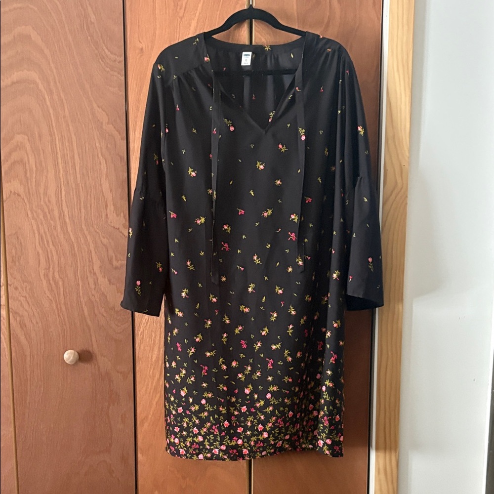 Old Navy Black Dress with Gradient Floral Accents and Bell Sleeves